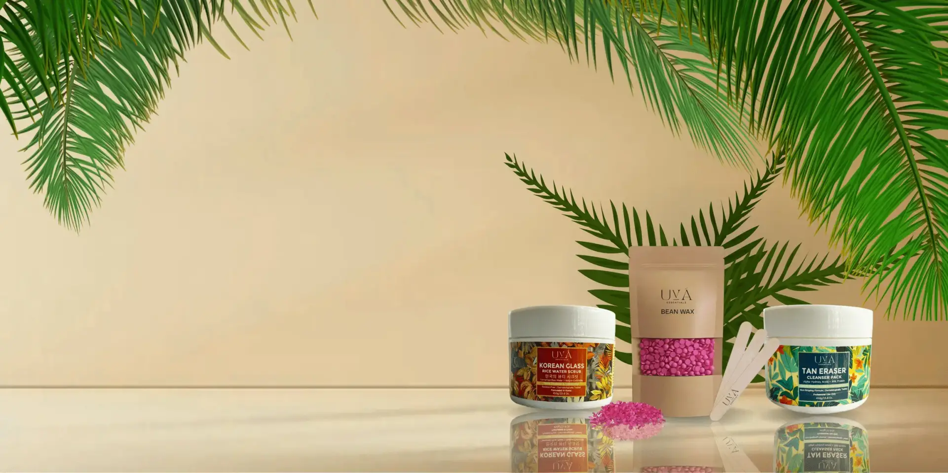 UVA Cosmetics collection — skincare essentials in elegant packaging